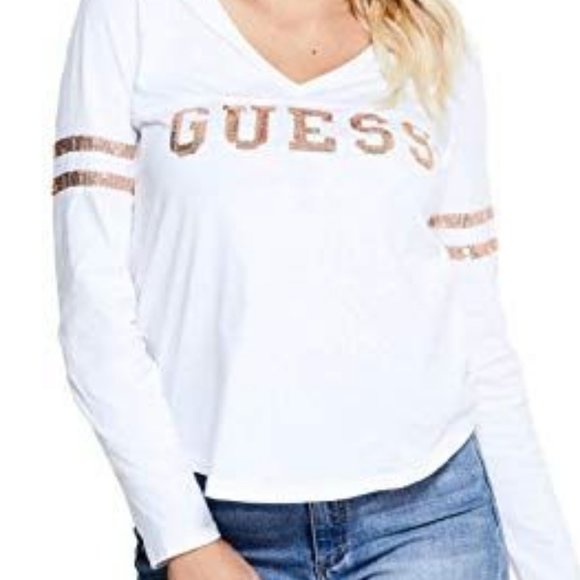 Guess Tops - GUESS KYRIE VARSITY-STRIPE LOGO TOP